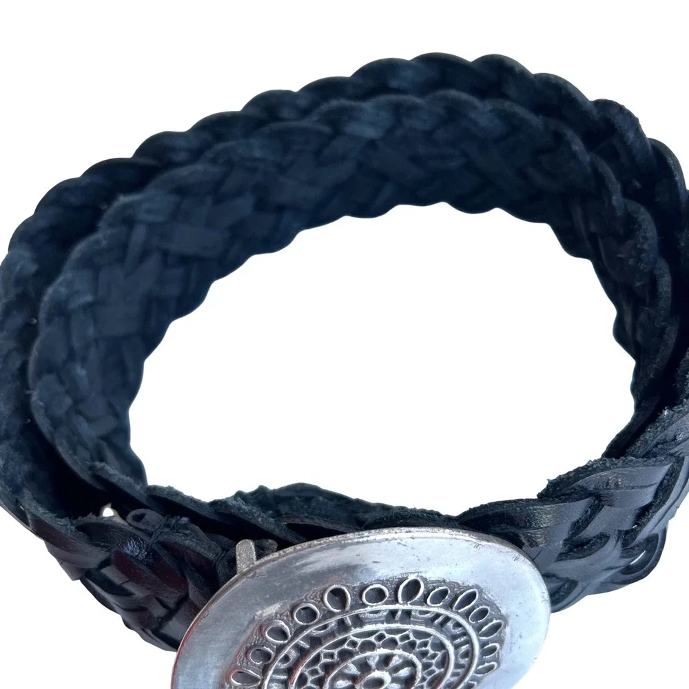 Chicos Black Braided Leather Belt Silver Medallion Filigree Buckle Boho Wide